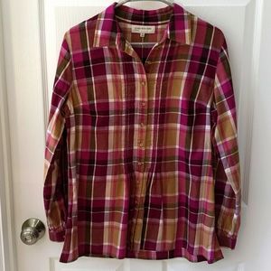 Jones New York Sport Purple Brown and Tan Plaid Button Down Shirt Size Medium